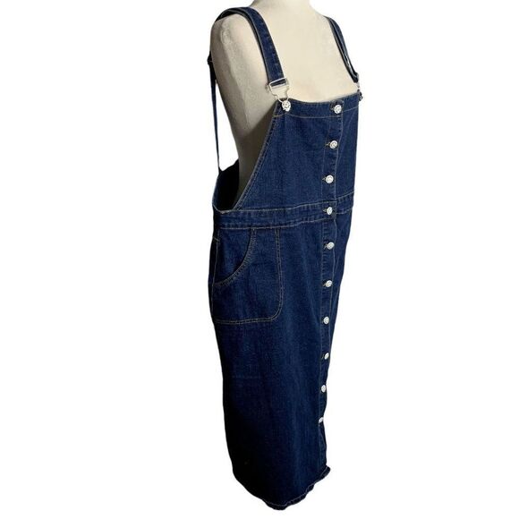 Denim Button Up Overall Pinafore Skirt 2XL Blue Stretch Pockets Adjustable Strap - Picture 6 of 7